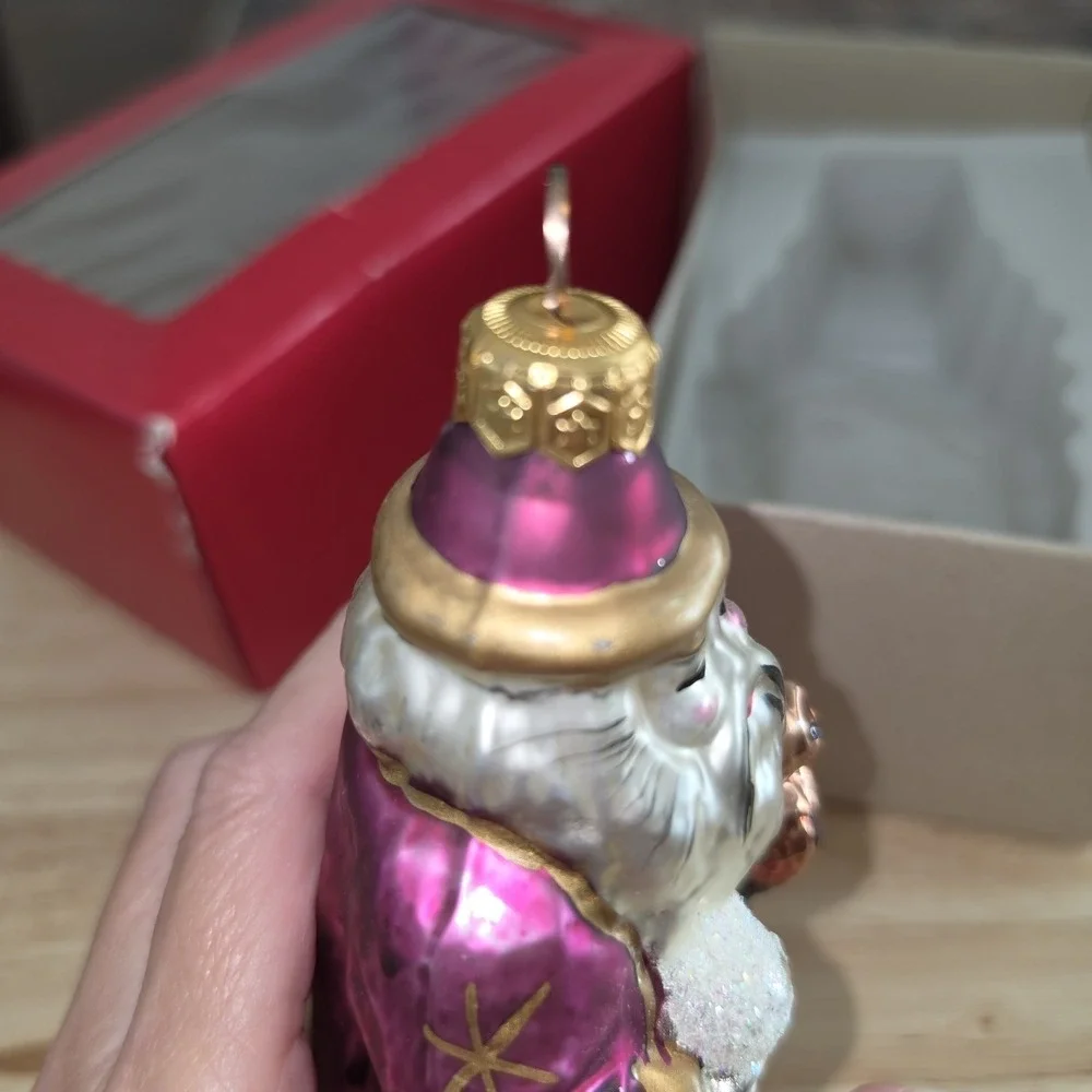 Blown Glass Confucius Santa Ornament: Purple and Gold Wizard Holiday Tree